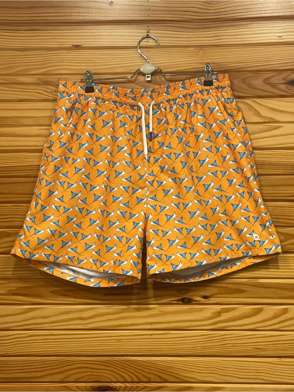 Men's Orange Patterned Swim Trunks with Blue Print